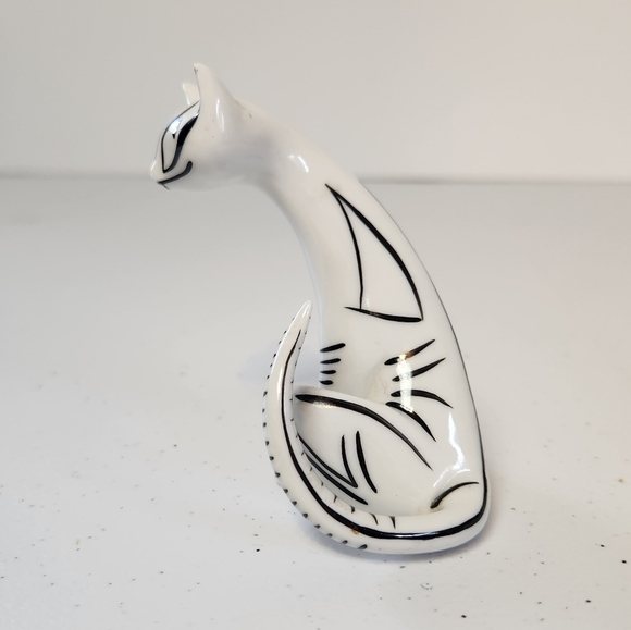 Art Deco Cat Vintage Hollohaza Porcelain Figurine White Black Mid Century Modern - Picture 2 of 8